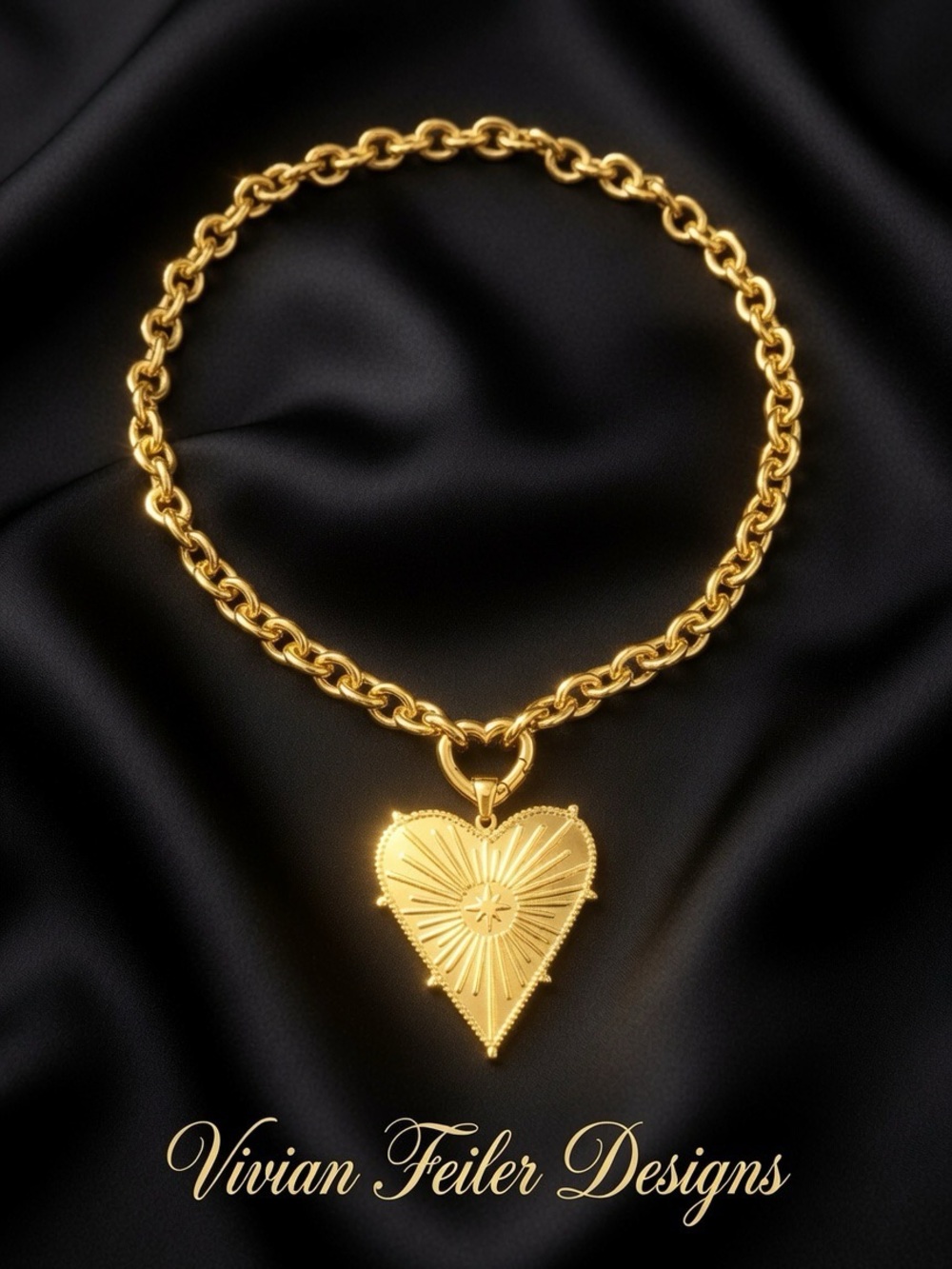 Heart Necklace Gold Choker Sunburst Heart Pendant Carabiner Celestial Heart